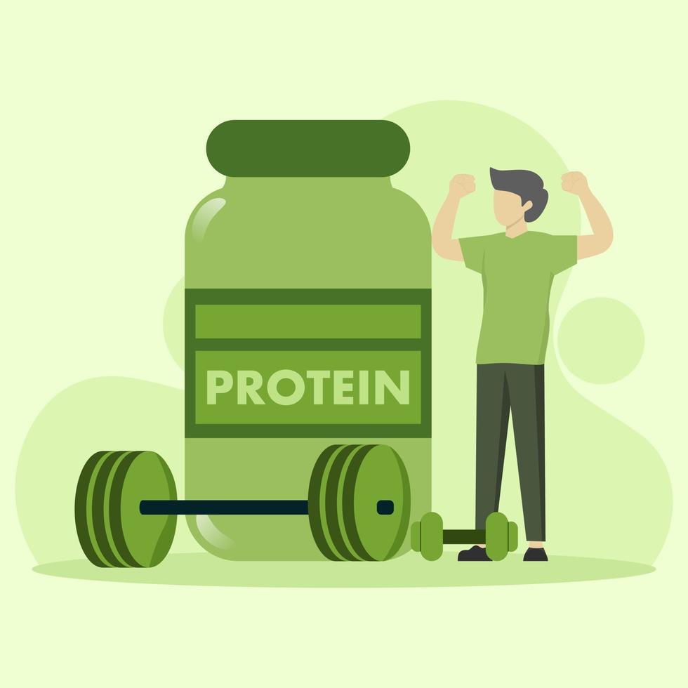 Concept of fitness and diet food. healthy diet illustration. Character drink protein and fresh vegetables smoothie shake with vitamins. Vector illustration.