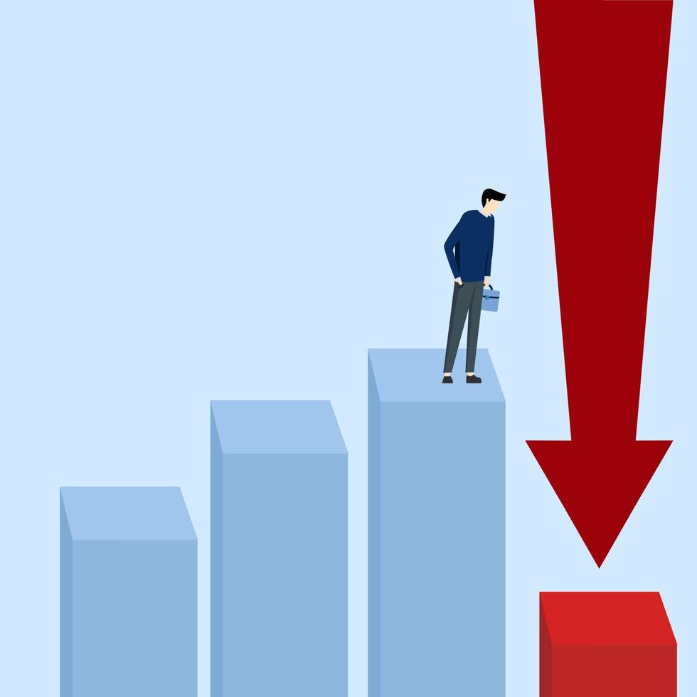 inversor de negocios mirando a través de ver el gráfico de la desesperación. previsión o predicción de la próxima recesión económica, bajo rendimiento o disminución del pib, disminución del mercado de valores o disminución de las ganancias vector