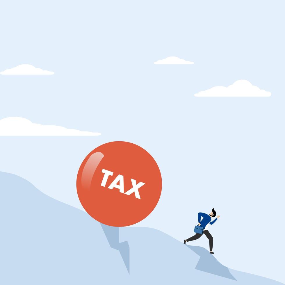 big heavy tax ball rolling down the hill to employer workers running away from the ball. Incorrect tax payment due date or no financial planning for tax free investment concept. vector