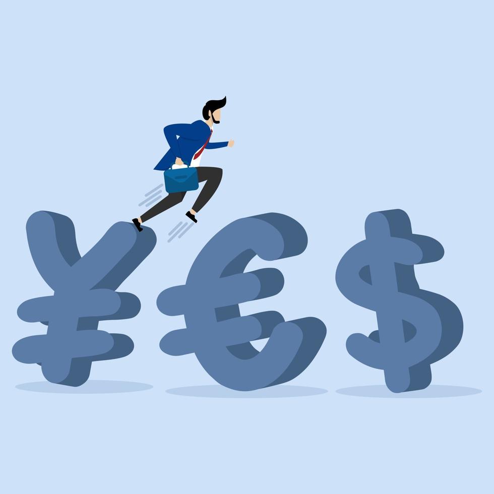 Successful businessman wearing running suit in Japanese yen, currency symbol of Euro and US Dollar. Foreign Exchange trading between currencies around the word or concept of flow of investment funds, vector