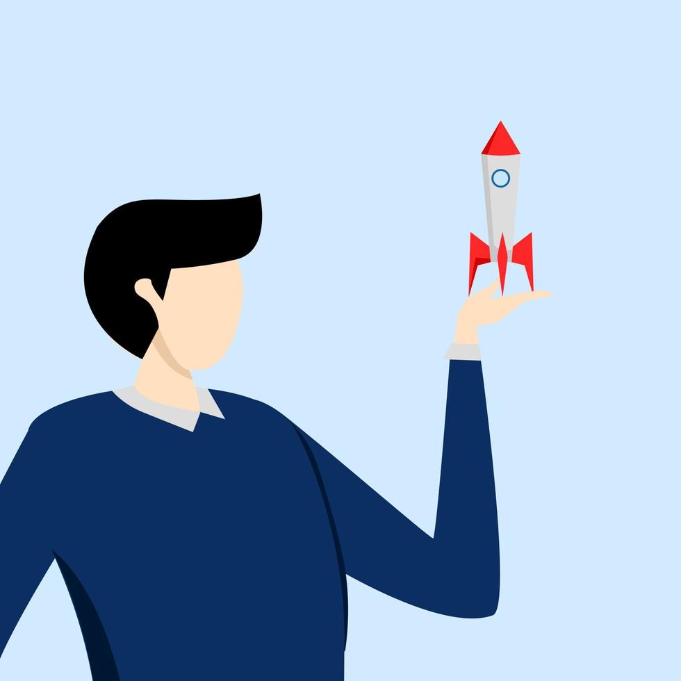 Confident businessman holding rocket project thinking to launch. Entrepreneur and startup project, innovation for success concept, starting new business, opportunity to discover new product. vector