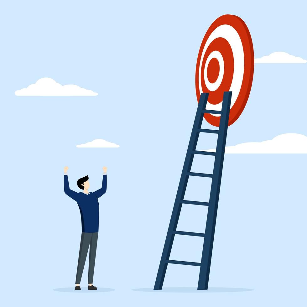 Employees express joy after finding the path to the goal. Stairway to success, Stairway to Red target, business target bullseye, Flat Design illustration. vector