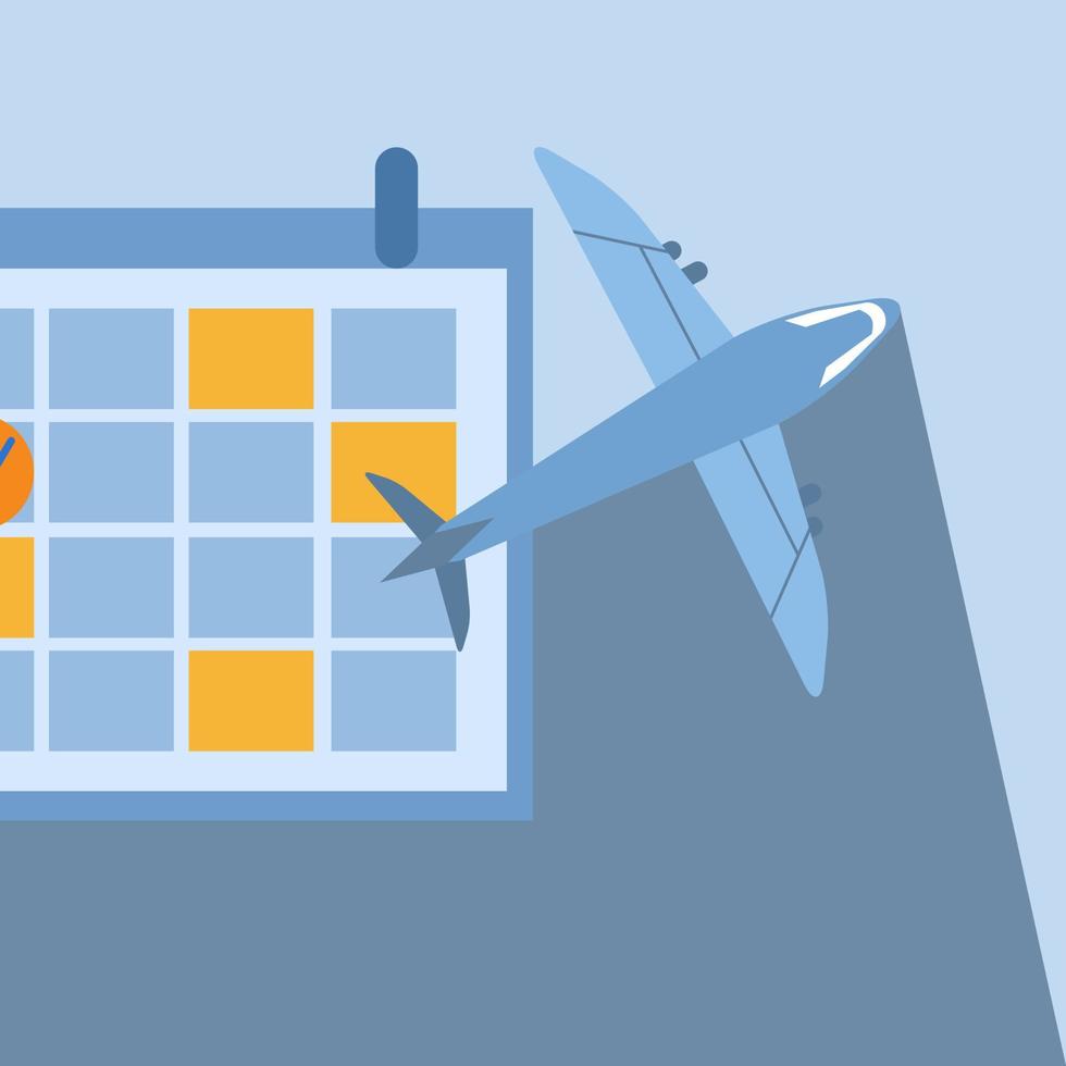 concepto de ilustración itinerario de viaje, plan de vacaciones o concepto de fecha de viaje de negocios, avión de juguete en un calendario limpio sobre un fondo azul. vector