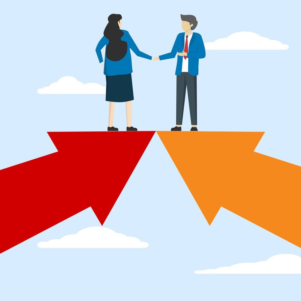 business man and woman handshake on growth arrow join connection agree to work together. Teamwork partnership, team collaboration, deal or negotiation, collaboration concept, work together for succes vector