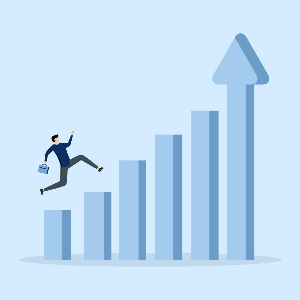 Confident businessman jumping up bar graph with up arrow as ladder of success. Economic prosperity, business profit growth or career path and income increase concept. vector