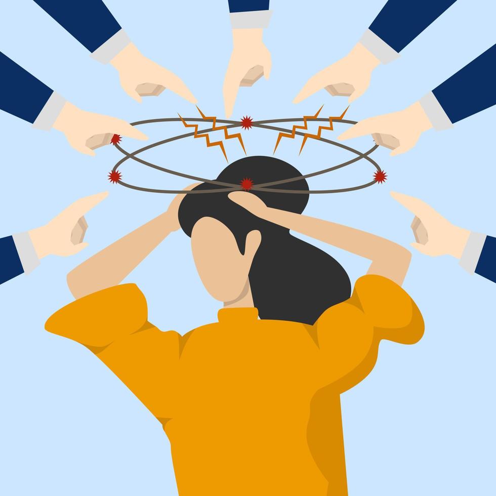 giant boss pointing and blaming depressed female employee. Toxic jobs, harassment or intimidation of co-workers, fear of failure and responsibility, bad culture makes depressed employees bored. vector