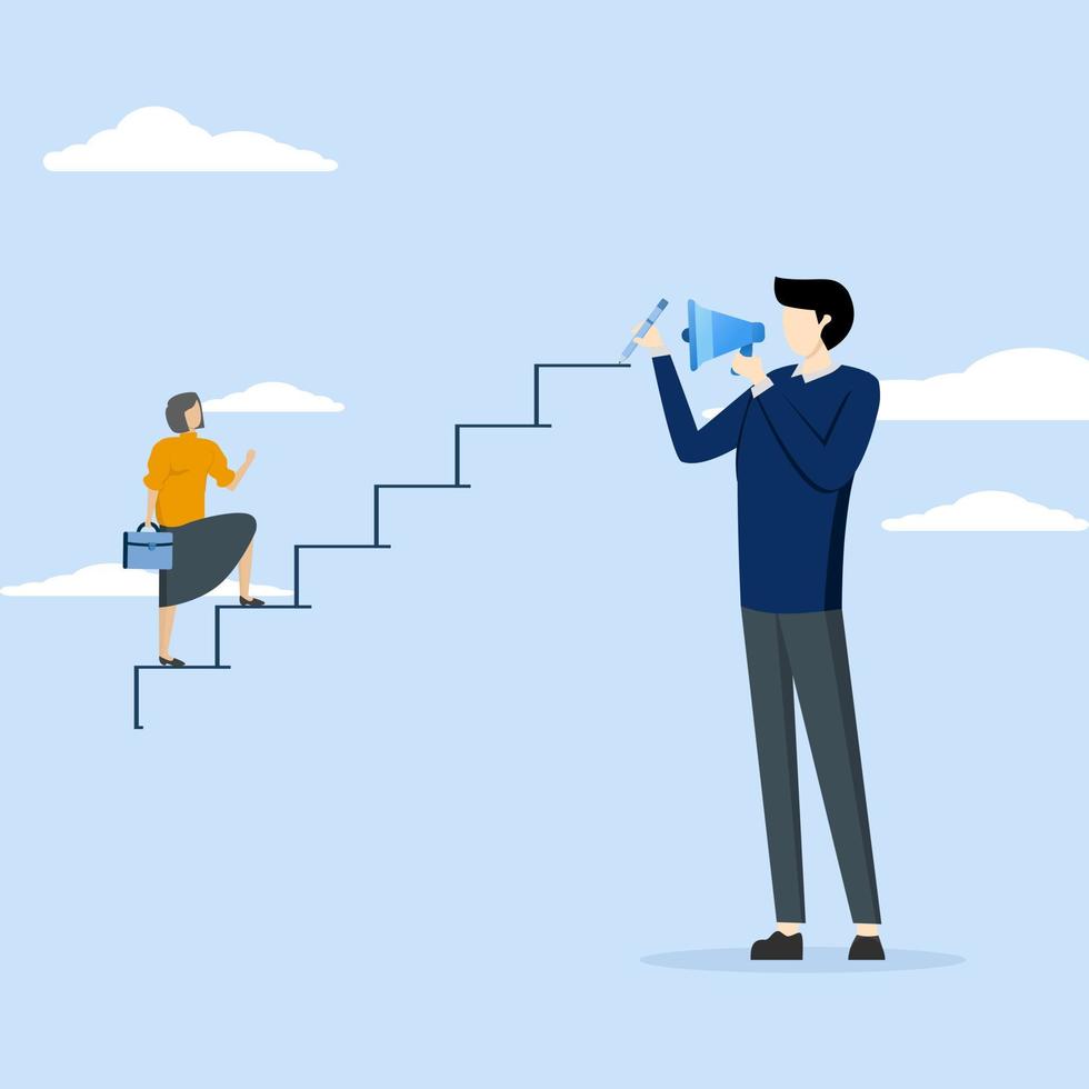 employee walking up stairs made by coaching businessman. Coaching or business mentoring to improve employee skills, advice or guidance for success, performance and leadership concept, motivating. vector