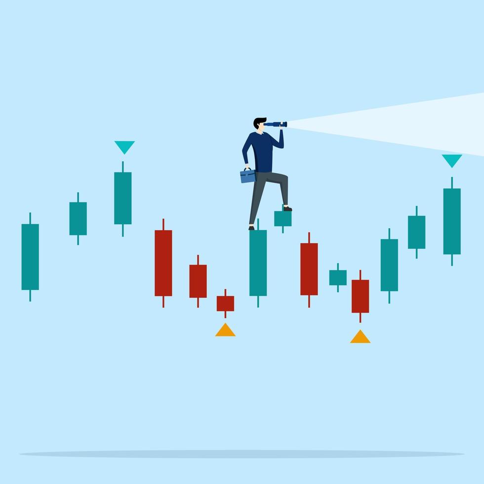 businessman investor looking through binoculars at a trading candlestick chart. Investment forecast or prediction, future profit on stock and crypto trading concept, vision to see investment vector