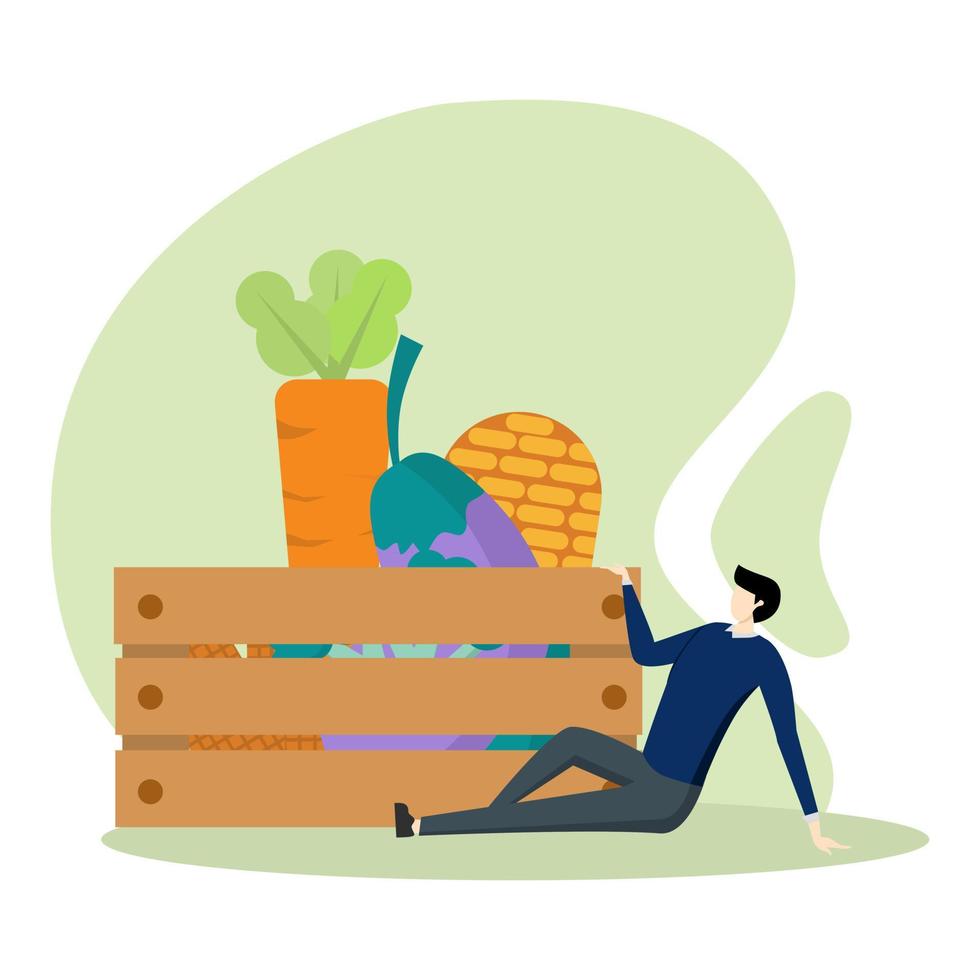 concepto de ilustración de vegetales de comestibles. personaje comprando verduras orgánicas frescas, poniendo carrito de compras y entrega de cajas de verduras. el concepto de apoyo a la producción local. ilustración vectorial vector