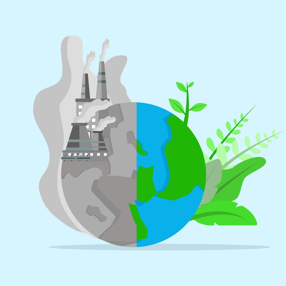 green energy and air pollution concept. Coal power plants produce polluting CO2 emissions and are clean, sustainable plants with renewable energy. Climate change concept. Vector