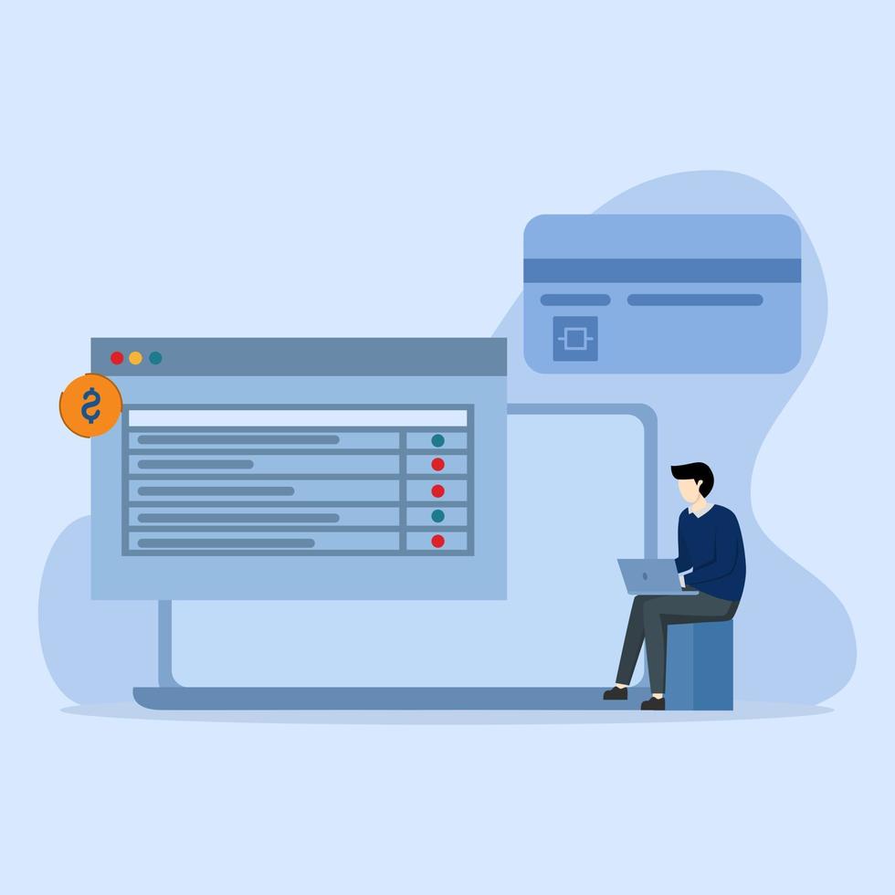 Debit and credit accounting characters, calculating bills and income tax. budget bookkeeping concept. people working on documents. Financial management concept. Vector illustration.
