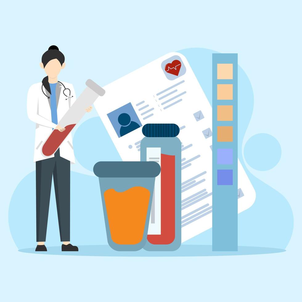 medical test illustration concept. Health care and medicine concept. Laboratory doctor or chemist tests patient's urine and blood sample. Vector illustration.