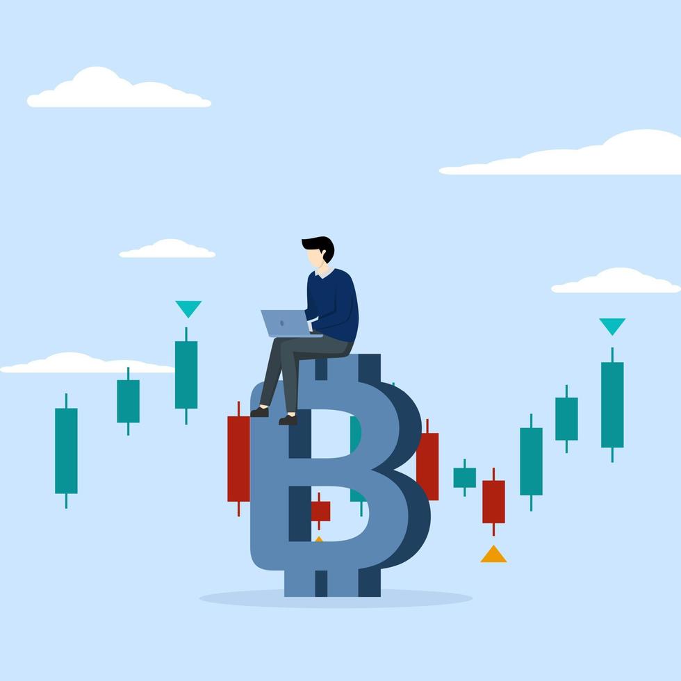 businessman investor using computer to trade crypto in big Bitcoin with candlestick price chart chart, Bitcoin and cryptocurrency investment, crypto trading make profit and income from Bitcoin price. vector
