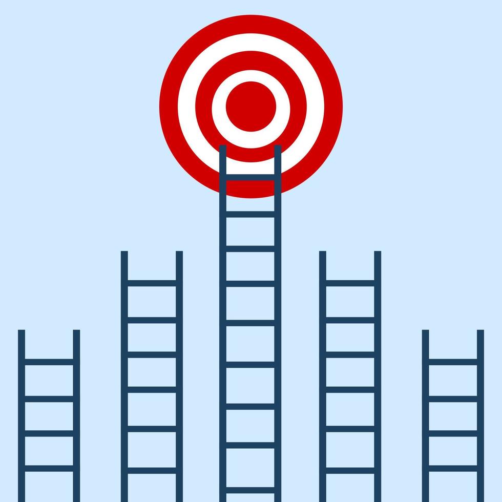 Ladder target achievement concept on blue background. target, success concept with space. aim high at the target target among the other short ladders on a blue background vector