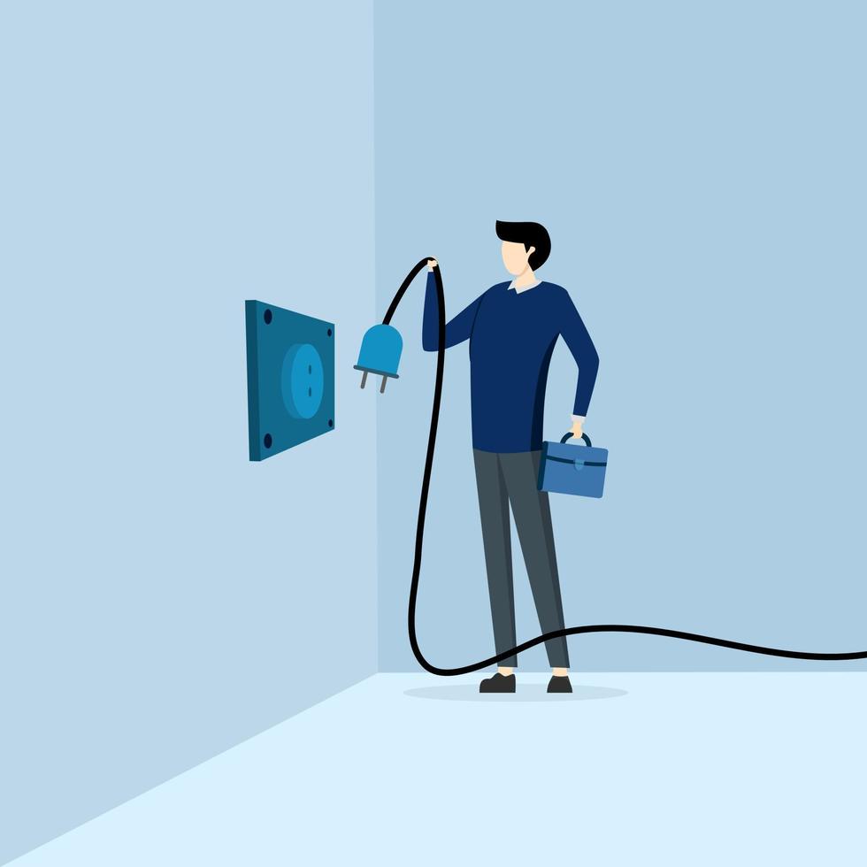 energy efficiency illustration concept. Characters unplug appliances and use energy-saving light bulbs, reducing energy consumption at home. Green electricity and power saving concept. vector. vector