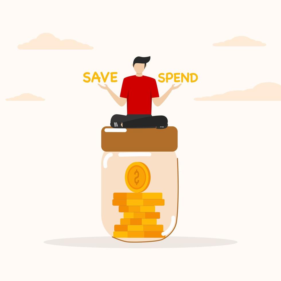 People hesitate to sit on savings balance options save or spend. Money decision, save or spend, choose to invest or pay off debt concept, financial options when receiving bonus or extra money. vector