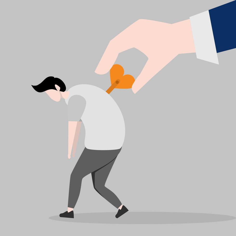manager turning wind lock or winding clock working to motivate businessman office worker. Exhausted employee recharge, ignite or wind to stimulate or motivate exhausted person concept. vector