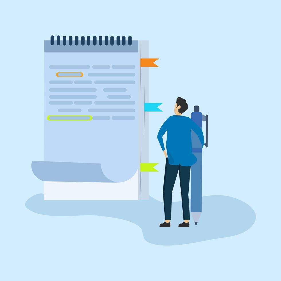 business man holding pencil with notebook or notebook to take notes. Note taking for study and work, planning or productivity concept, efficient way of important information, summary or conclusion. vector