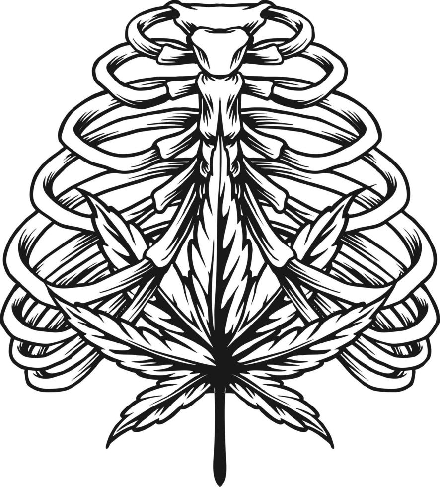 Weed Leaf in Ribcage Bones outline Vector illustrations for your work Logo, mascot merchandise t-shirt, stickers and Label designs, poster, greeting cards advertising business company or brands.