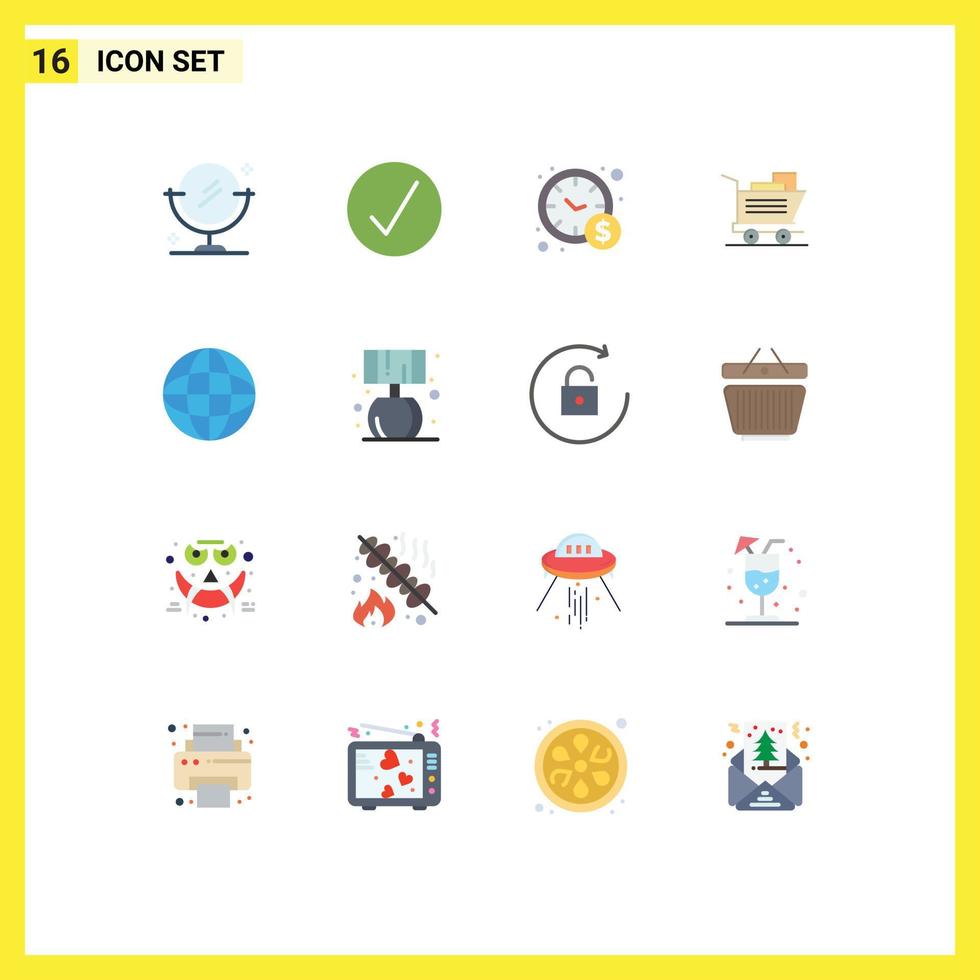 Interfaz de usuario de 16 paquetes de colores planos de signos y símbolos modernos de gestión del tiempo de búsqueda en vivo cesta de Internet paquete editable de elementos de diseño de vectores creativos