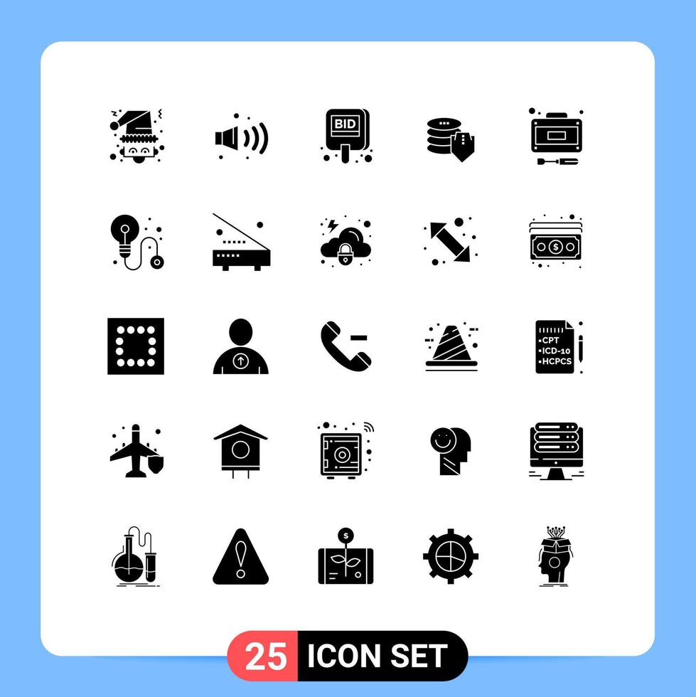 Pictogram Set of 25 Simple Solid Glyphs of development security auction dollar tag Editable Vector Design Elements