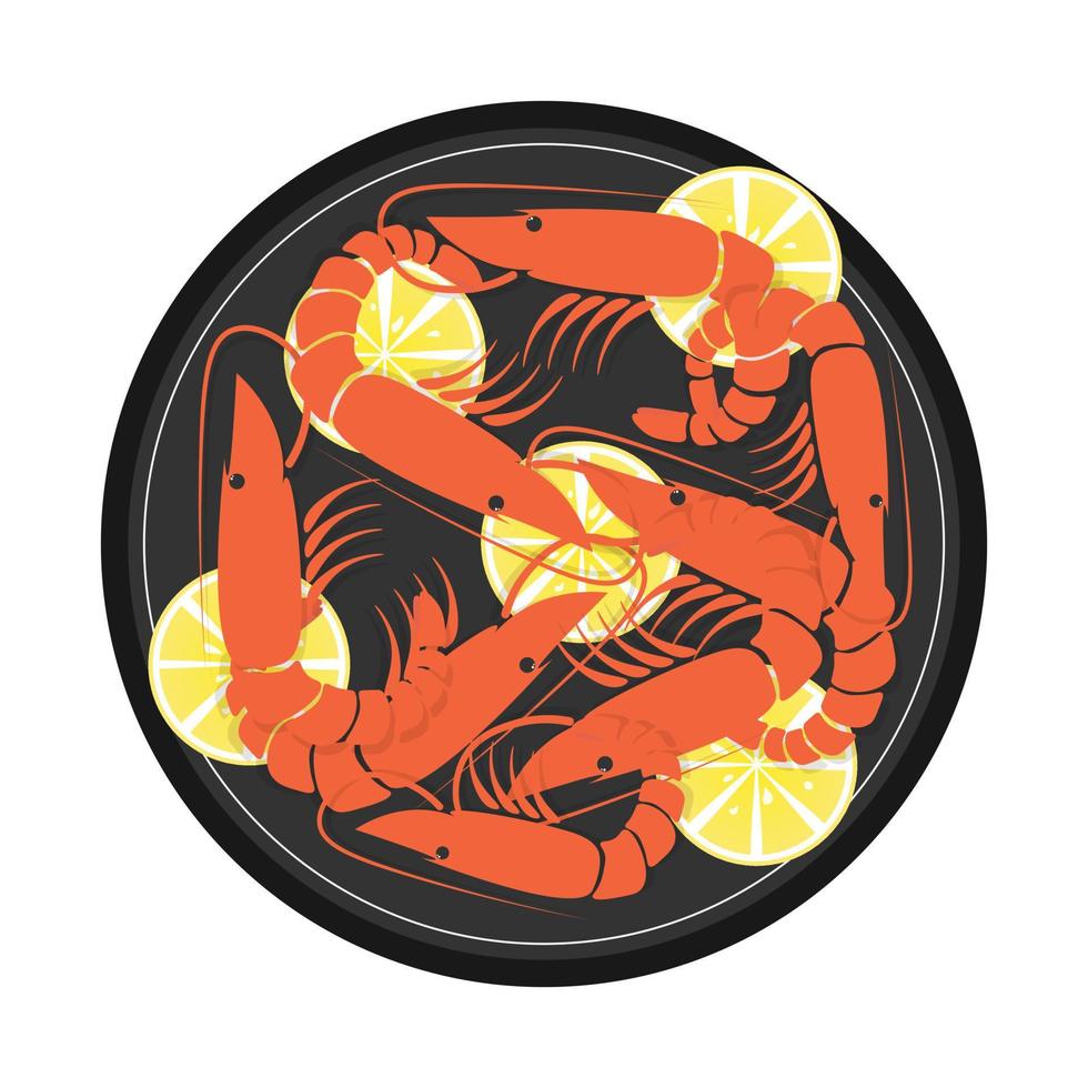 Icon of shrimps with lemon on a plate. Top view. Restaurant dish. Seafood. Image of prawn. Vector illustration