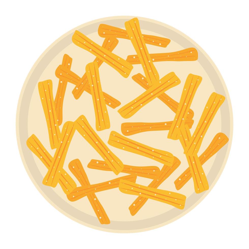 sabrosos churros dulces o salados en el plato. vaso de papel o servilleta. comida tradicional española y mexicana. masa frita. ilustración vectorial dibujada a mano. estilo de dibujos animados vector