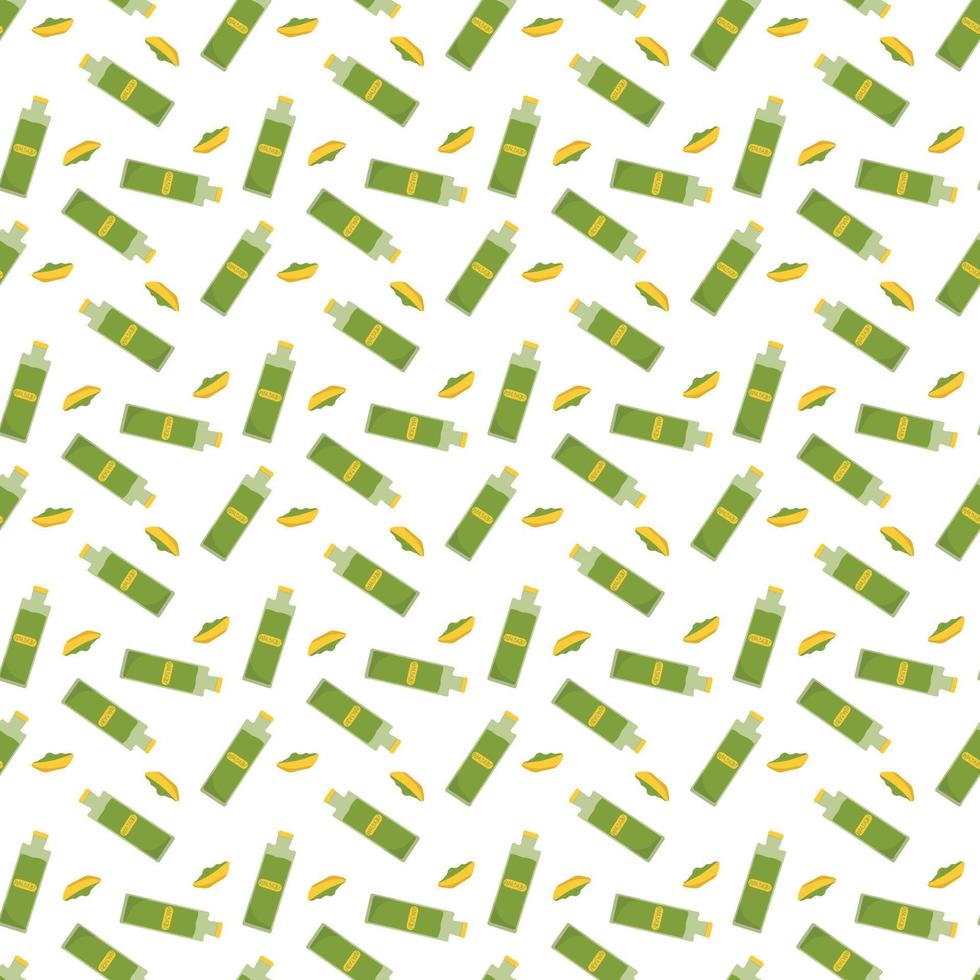 Wasabi in bottle and bowl seamless pattern. Wasabi sauce top view. Vector illustration.