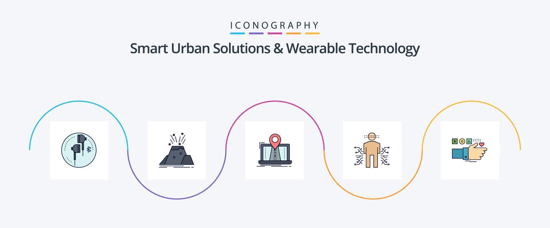 soluciones urbanas inteligentes y línea de tecnología portátil llena de paquete de iconos planos 5 que incluye datos. sensor. alerta. ruta. sistema vector