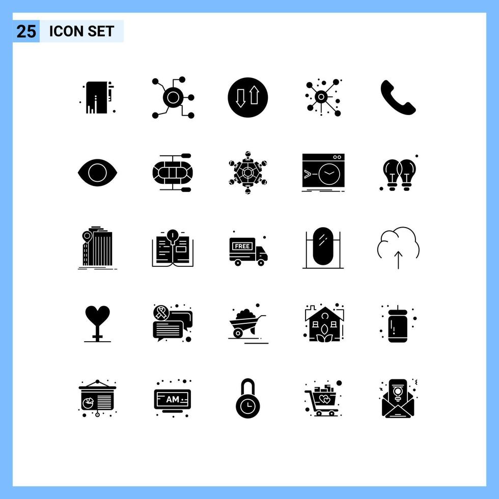 Mobile Interface Solid Glyph Set of 25 Pictograms of phone share connect network up Editable Vector Design Elements