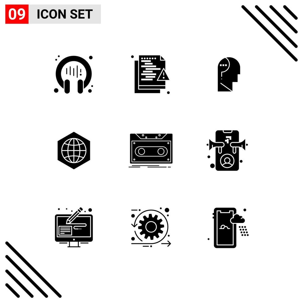 Mobile Interface Solid Glyph Set of 9 Pictograms of cassette globe security global question Editable Vector Design Elements