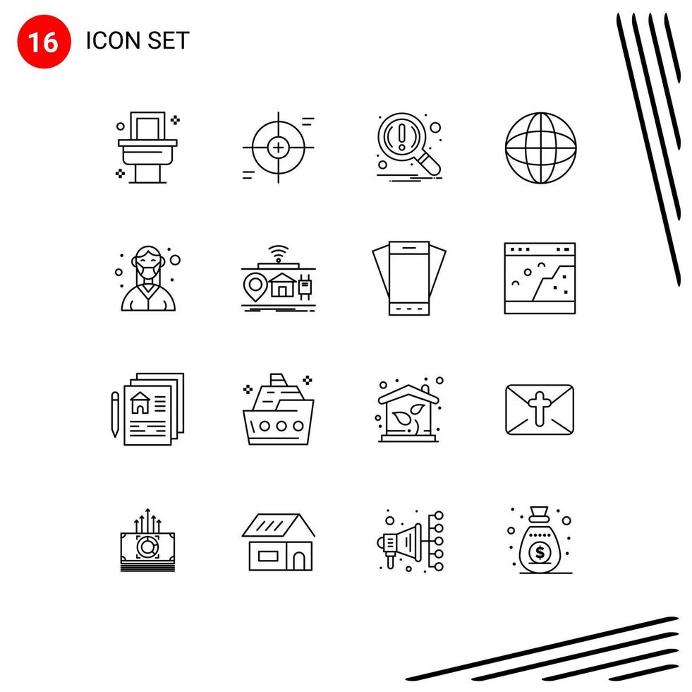 Pack of 16 Modern Outlines Signs and Symbols for Web Print Media such as female education find internet world Editable Vector Design Elements