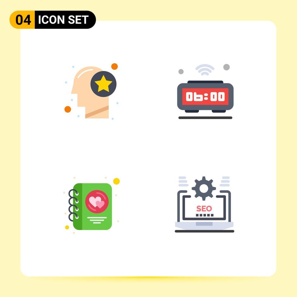 Set of 4 Vector Flat Icons on Grid for head wifi star clock heart Editable Vector Design Elements