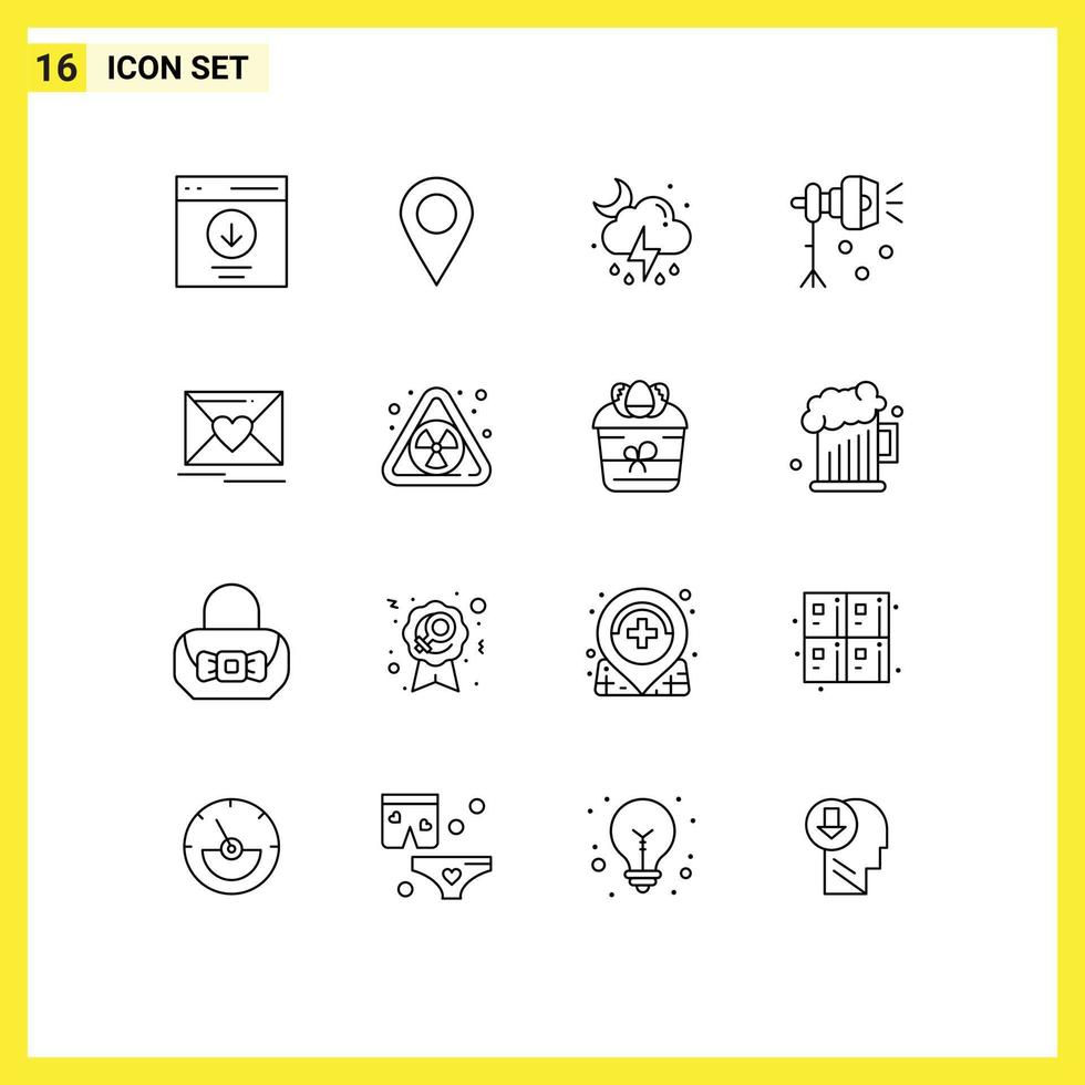 Pack of 16 creative Outlines of mail spotlight storm lightning illumination Editable Vector Design Elements