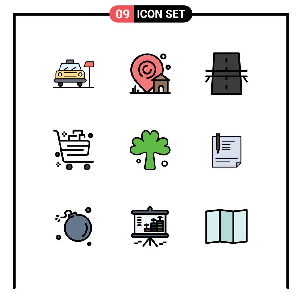 Group of 9 Filledline Flat Colors Signs and Symbols for gift cart bridge buy highway Editable Vector Design Elements