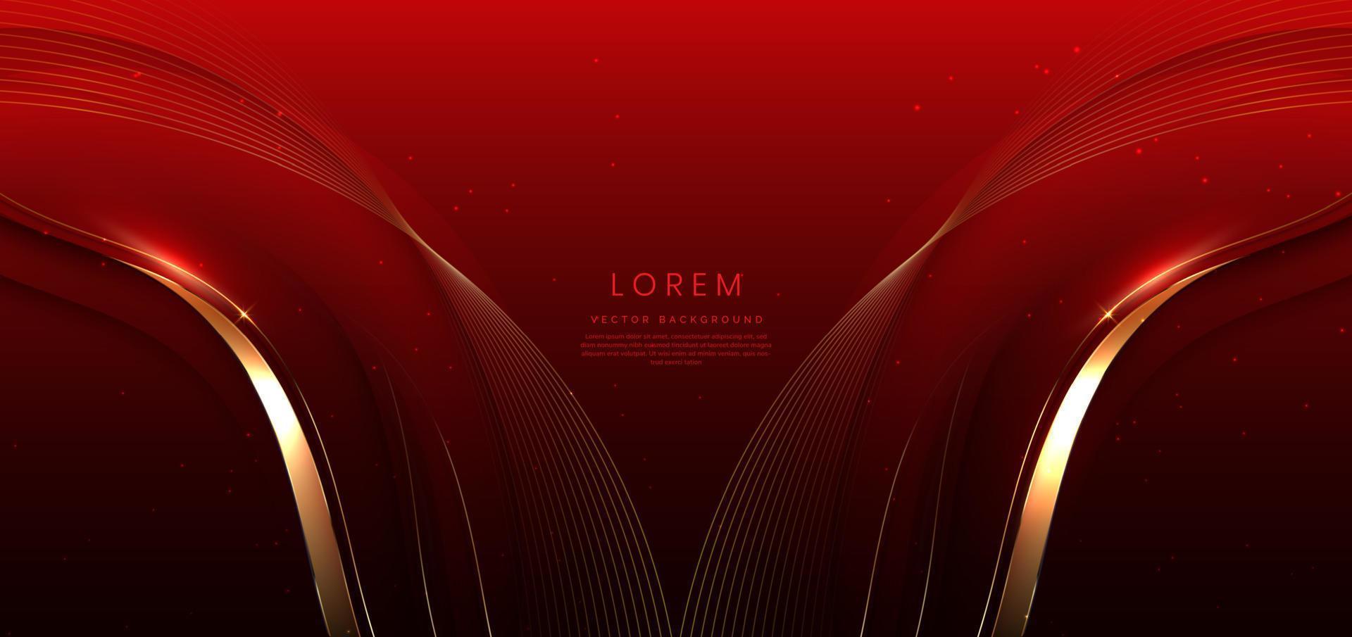 Abstract 3d gold curved red ribbon on red background with lighting effect and sparkle with copy space for text. vector