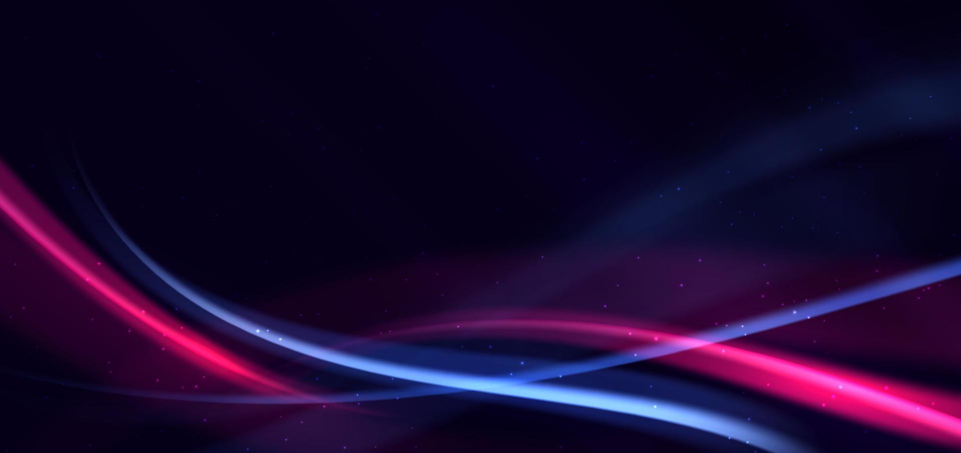 Abstract technology futuristic neon curved glowing blue and pink  light lines with speed motion blur effect on dark blue background. vector