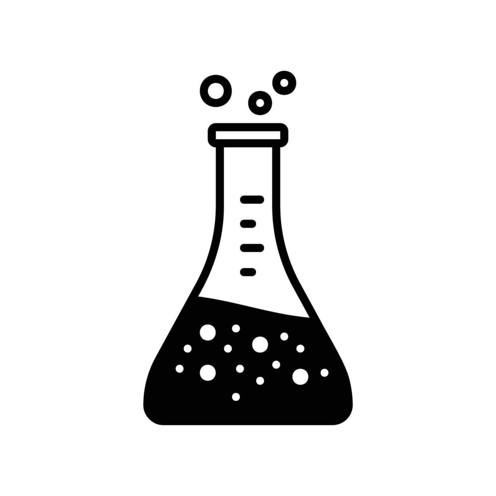 Liquid filled chemical flask bottle icon with bubbles for laboratory