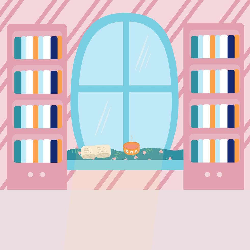 The interior of the room is in pink tones with a large window, a window sill for reading, full cupboards with books, an open book and a mug of hot drink vector