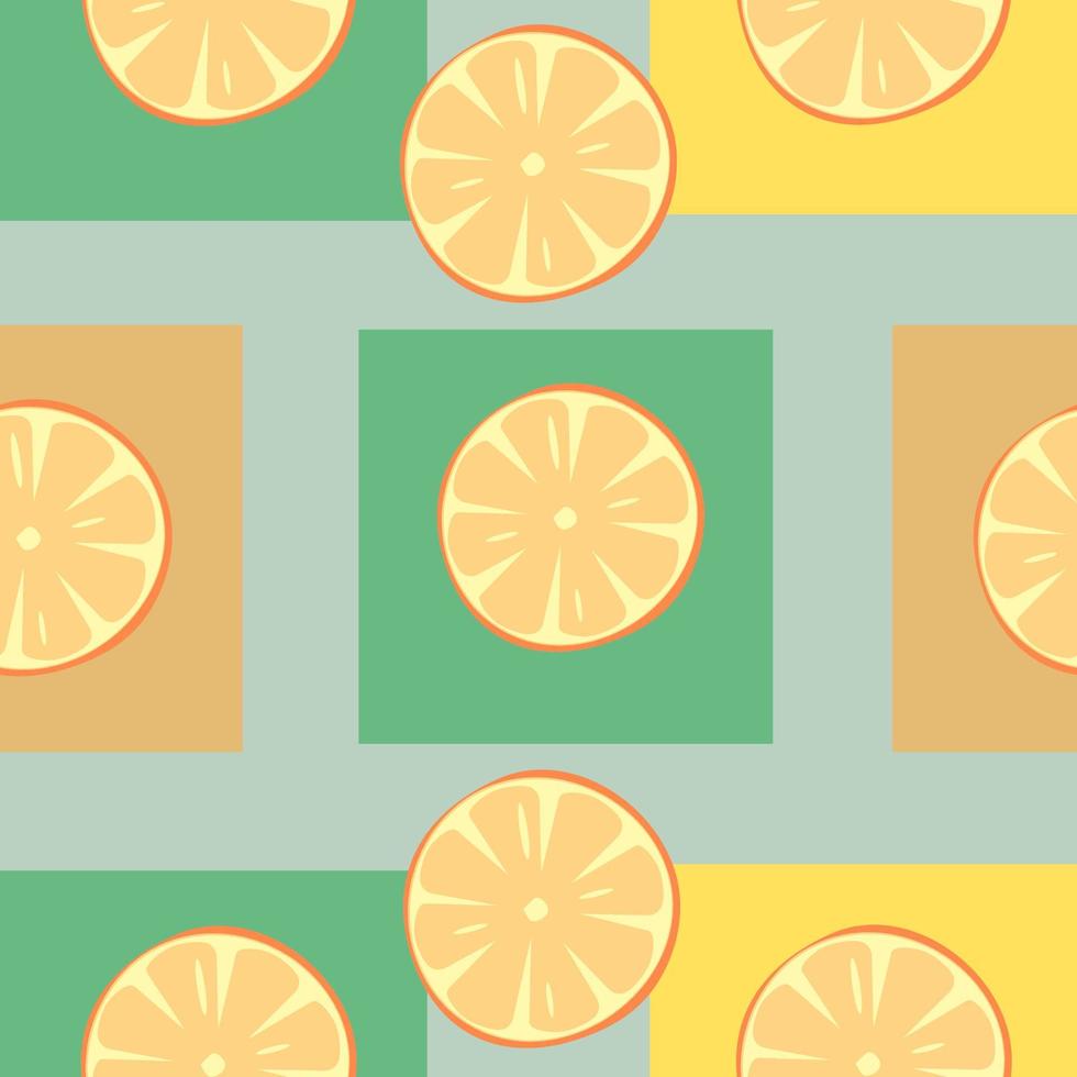 patrón transparente brillante con rodajas de naranja sobre un fondo de cuadrados multicolores vector