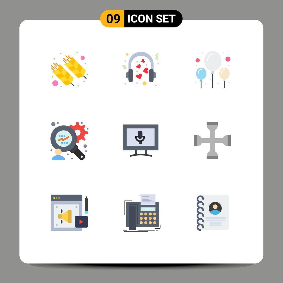 grupo de 9 signos y símbolos de colores planos para elementos de diseño de vectores editables de parte de análisis financiero de micrófono monitor de micrófono