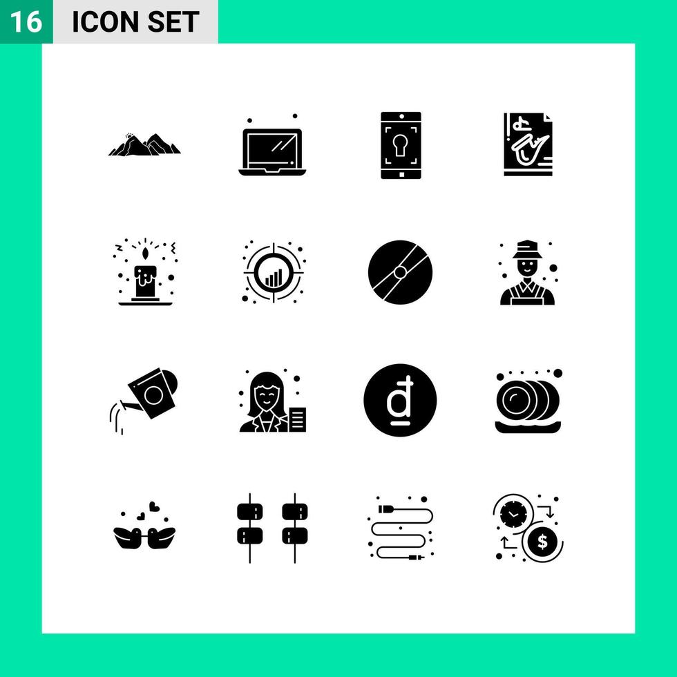 Pack of 16 creative Solid Glyphs of candle play application music file Editable Vector Design Elements