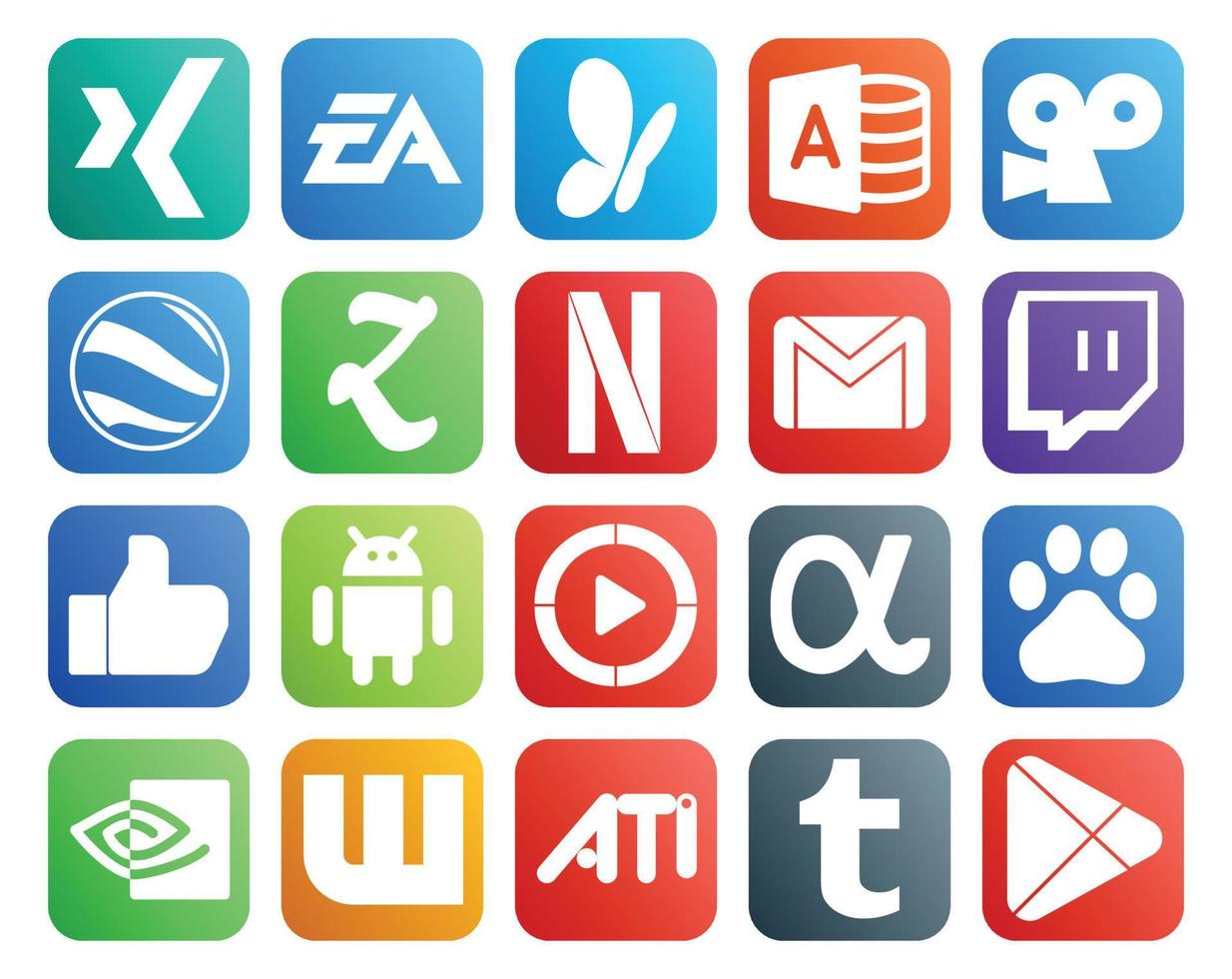 Paquete de 20 íconos de redes sociales que incluye video android zootool como correo vector