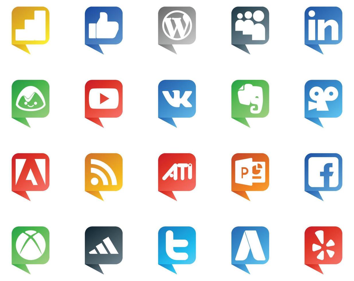 20 logotipo de estilo de burbuja de discurso de redes sociales como xbox powerpoint video ati adobe vector