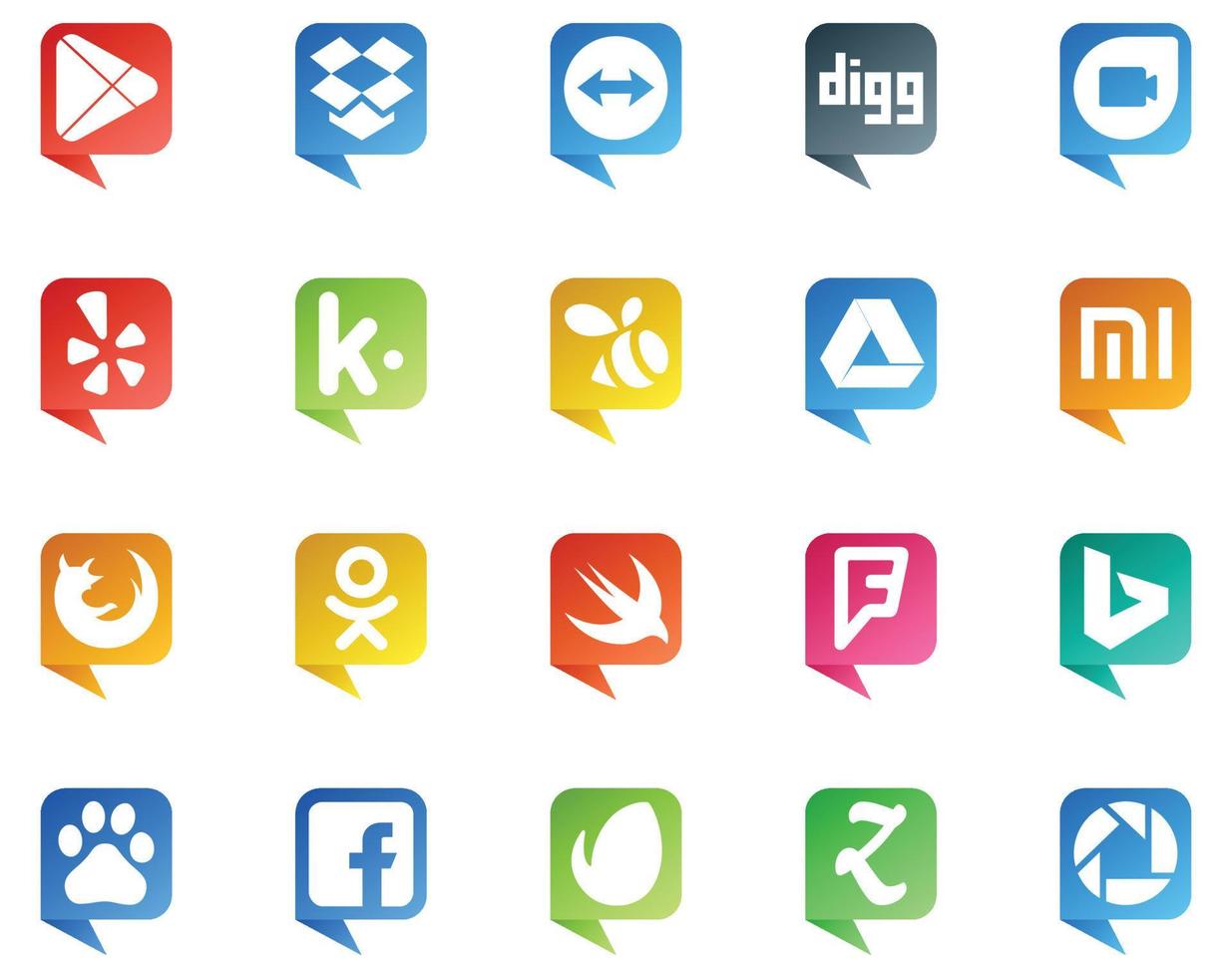 20 logotipos de estilo de burbujas de discurso de redes sociales como baidu foursquare swarm swift browser vector