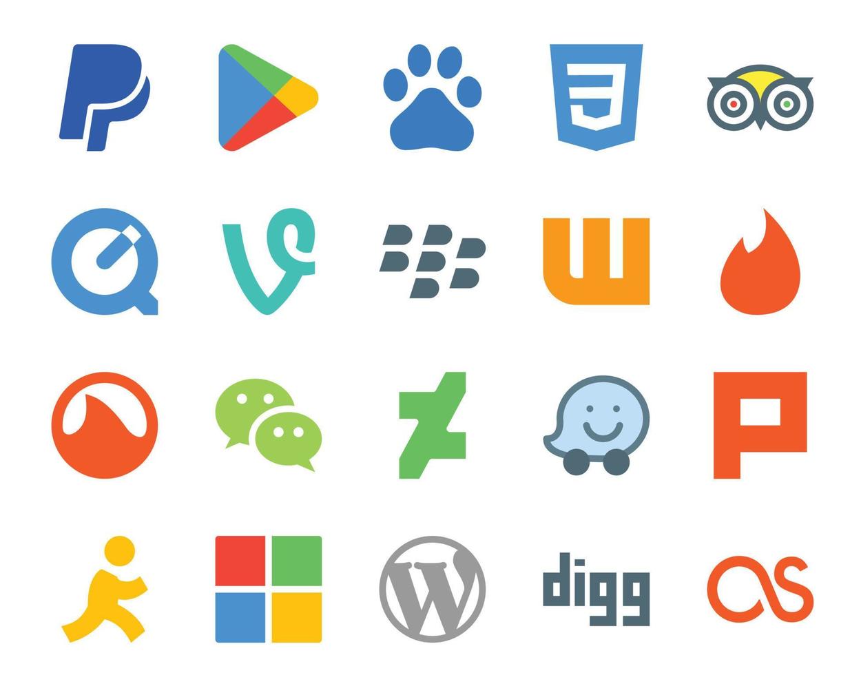 Paquete de 20 íconos de redes sociales que incluye plurk deviantart vine messenger grooveshark vector