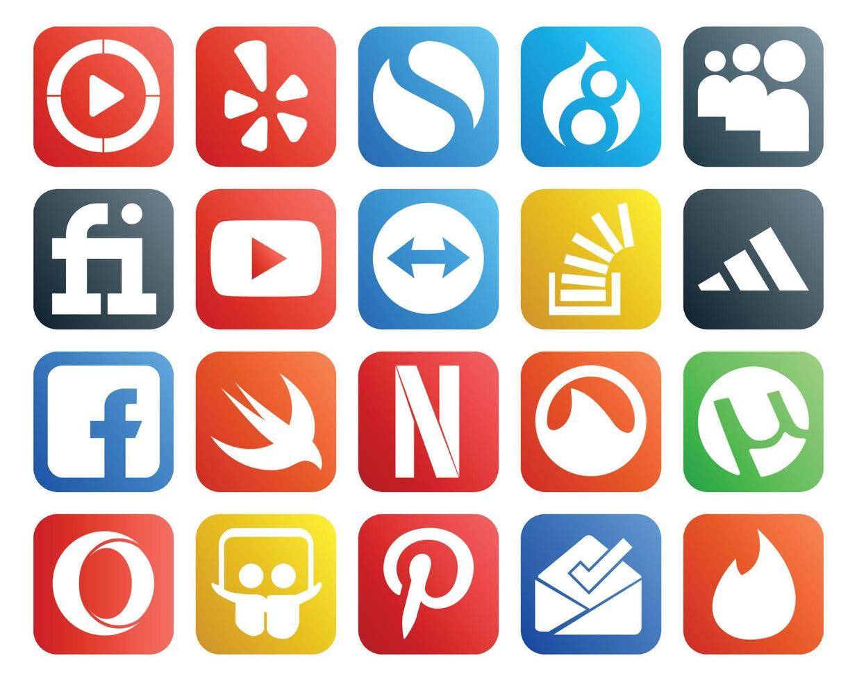 paquete de 20 iconos de redes sociales que incluye netflix facebook video adidas stock vector