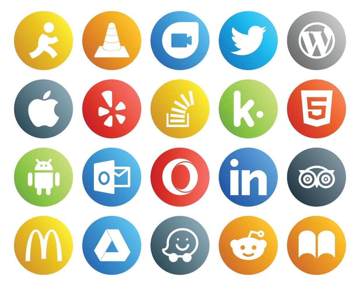 Paquete de 20 íconos de redes sociales que incluye la pregunta de desbordamiento de Android Kik CMS vector