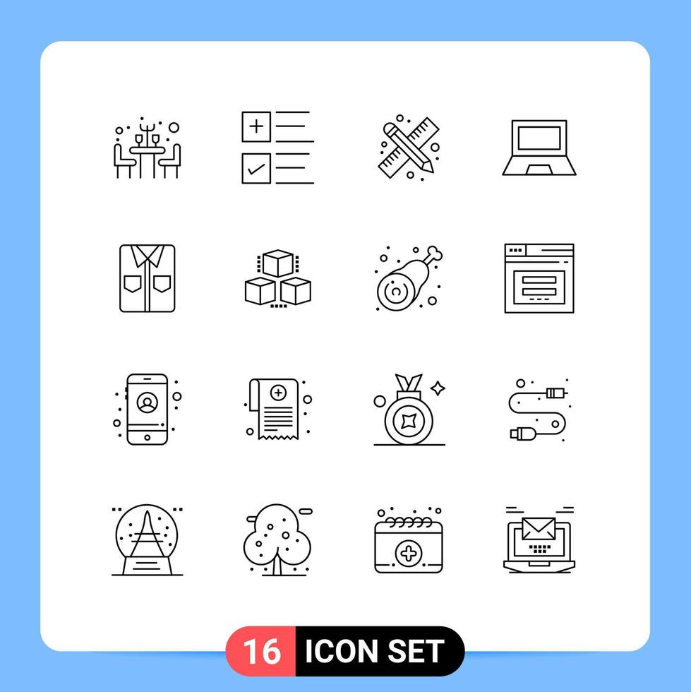 Set of 16 Modern UI Icons Symbols Signs for shirt laptop drawing tools hardware devices Editable Vector Design Elements