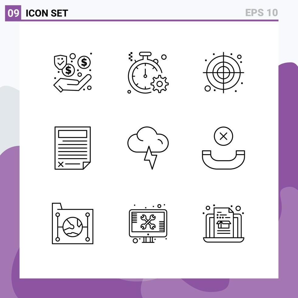 Pack of 9 Modern Outlines Signs and Symbols for Web Print Media such as report document gear data target Editable Vector Design Elements